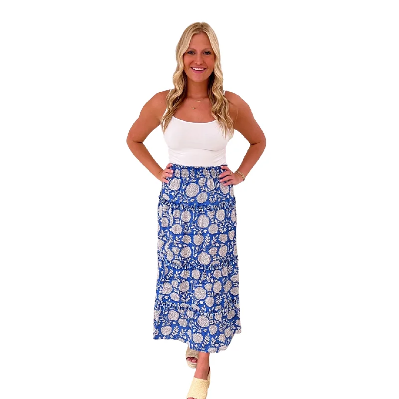 The Kara Long Length Hand Block Printed Skirt in Blue and White linen skirt breathable