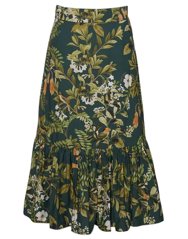 Lynn Botanical Bird Midi Skirt relaxed fit skirt