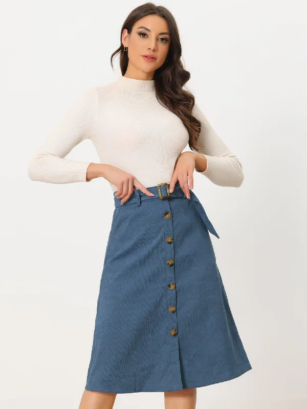 High Waist Button Front Belted Corduroy A-Line Midi Skirt silk skirt lustrous