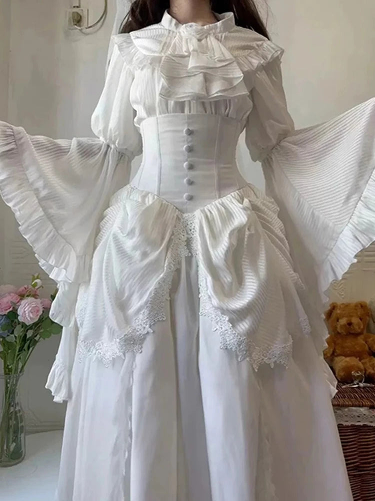 Wjczt White Gothic Style Lolita Dress Pure Shirt Fishbone Skirt Ji Oversleeve Birthday Tunics Lace romantic