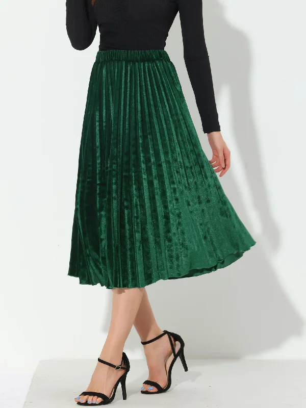 Party High Elastic Waist Velvet Pleated Midi Skirt leather skirt sleek