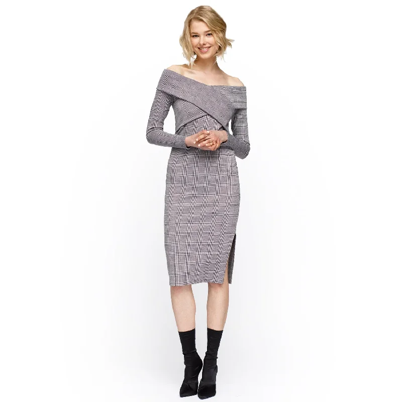 Women's Glen Plaid Off Shoulder Crisscross Dress In Grey Black Tunics Luxurious high-end