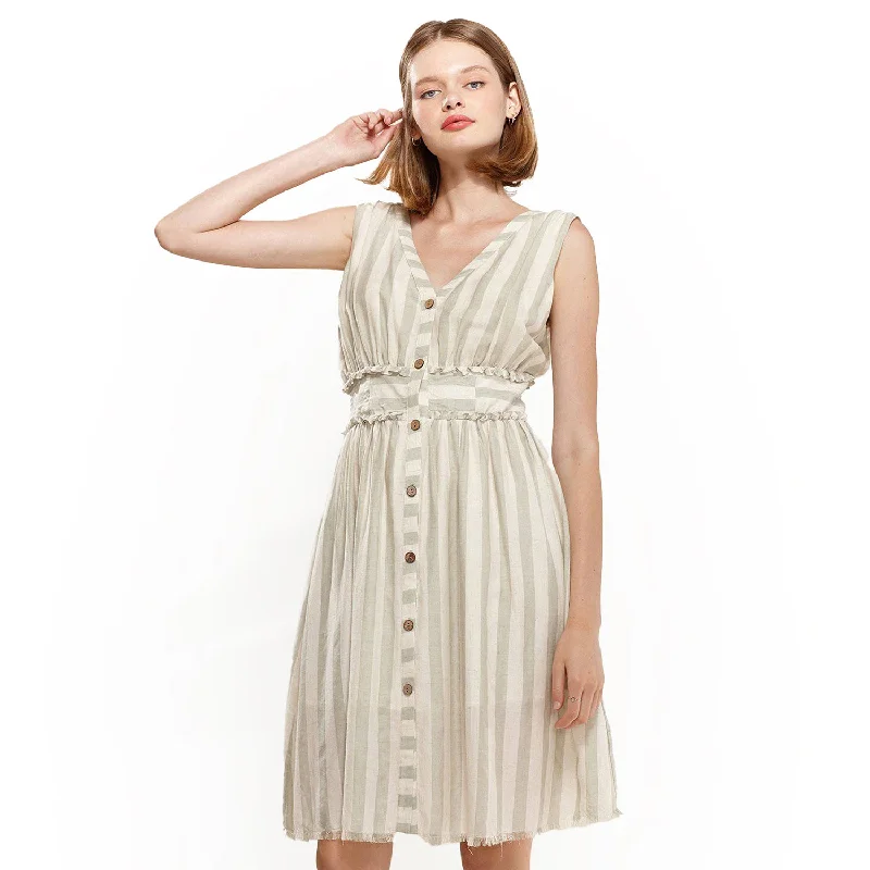 Women's Sleeveless Button Down Stripe Dress in Sage Tunics stripes playful