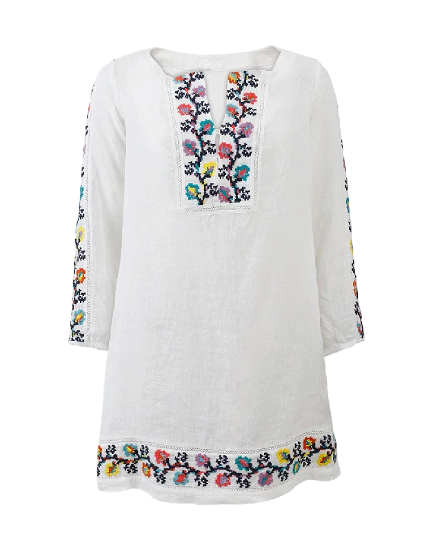 Linen Floral Embroidered Dress Tunics Fleece cozy