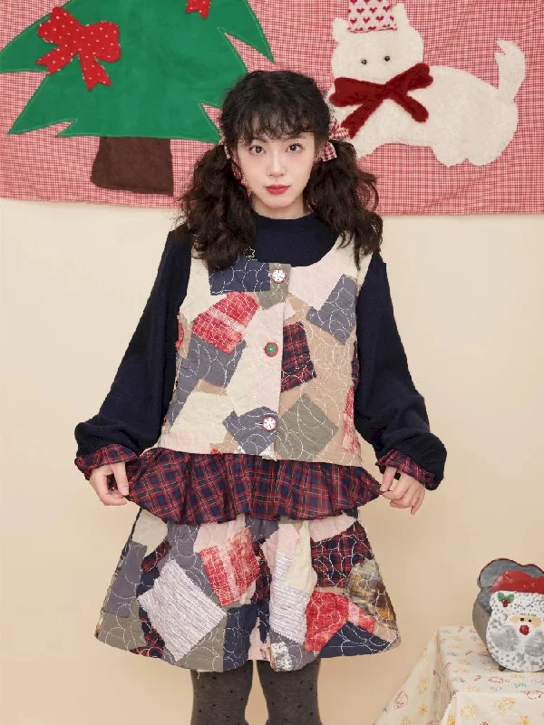 Christmas-inspired vest and half-skirt set【s0000011197】 button skirt front