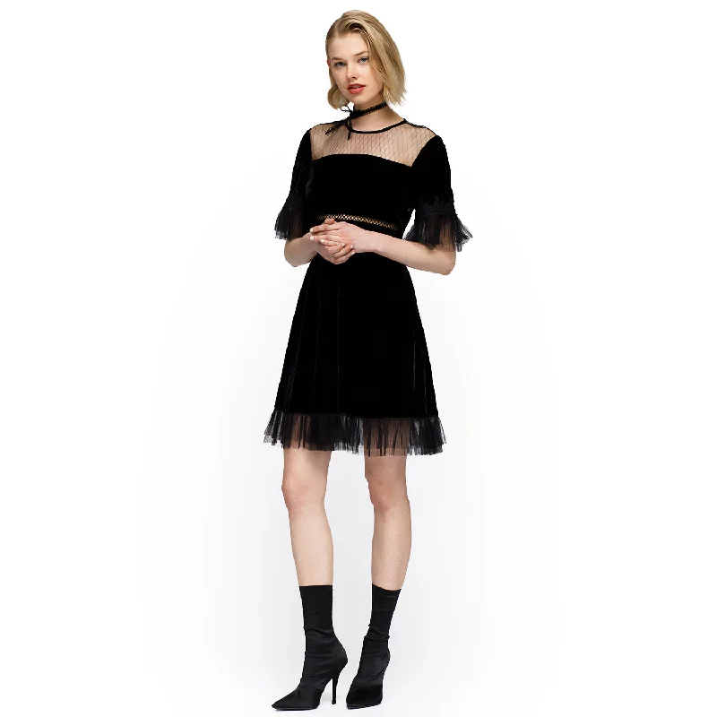 Women's Mesh Contrast Velvet Dress In Black Tunics Fashionable chic