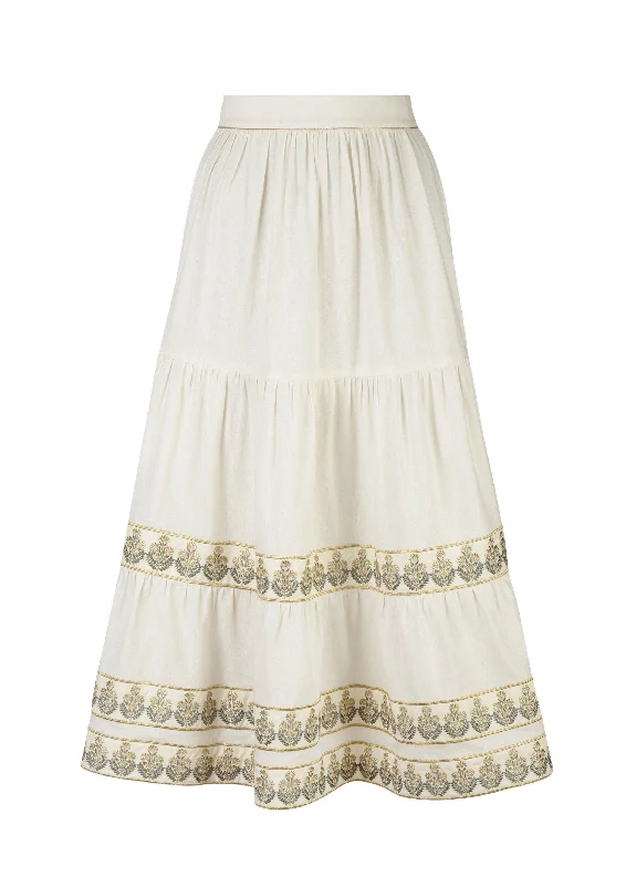 Parya Ruffle Skirt in Ivory & Green linen skirt natural