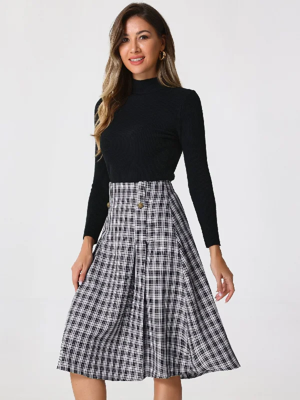 Vintage Plaid High Waist Pleated A-Line Midi Skirt wool skirt warm