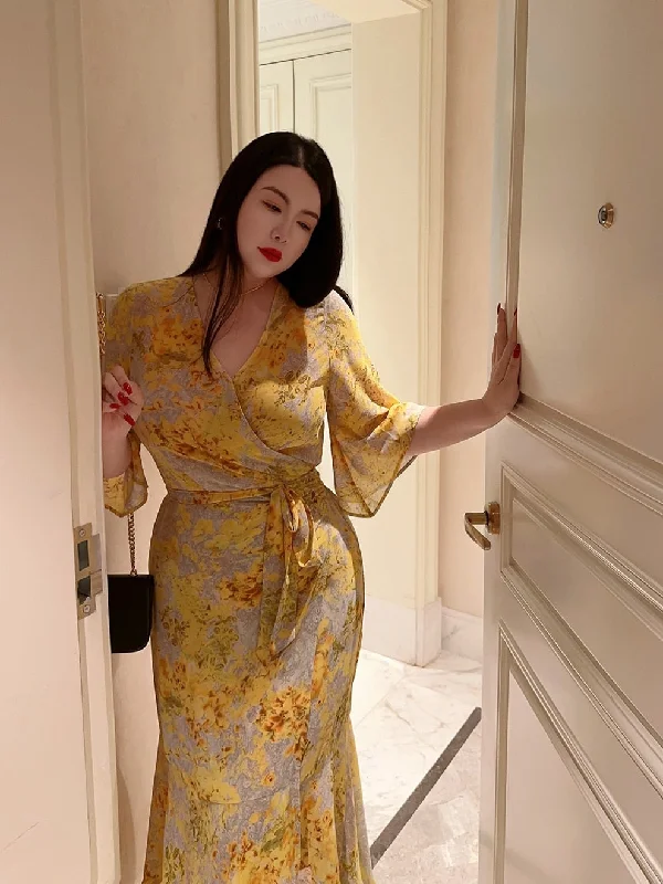 Wjczt French style floral print wrap around body large size belly covering slimming holiday long dress wrap around skirt large size sweetheart Neckline Romantic