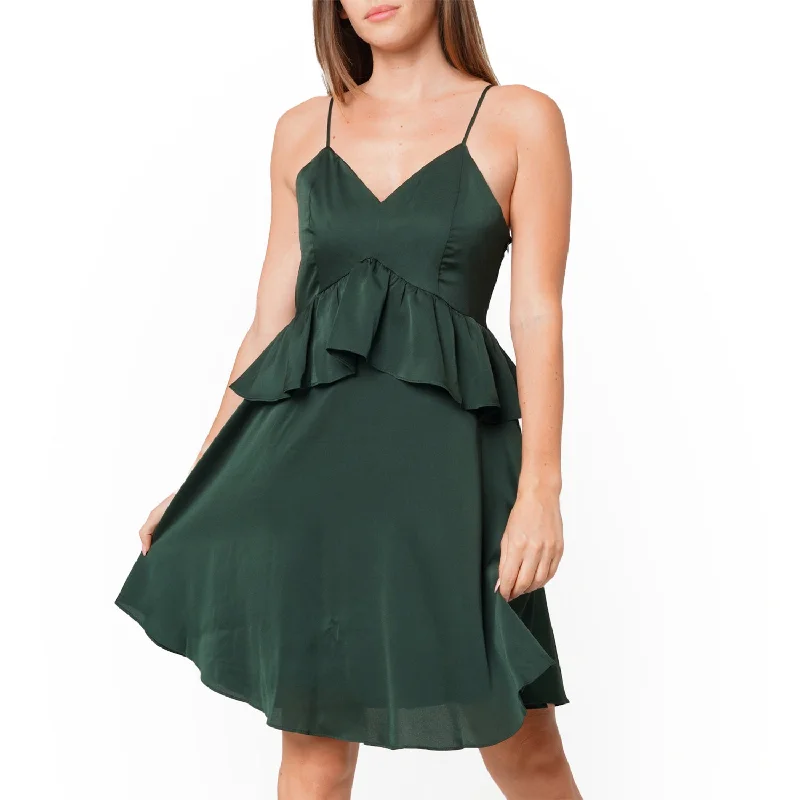 Deep V-neck Ruffle Baby Doll Dress In Hunter Green Tunics Cozy comfortable