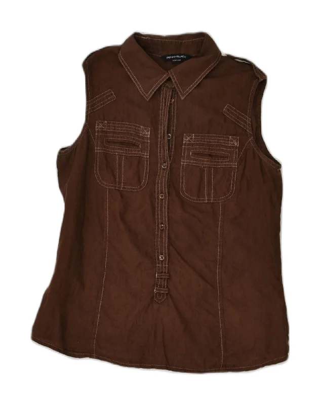PENNY BLACK Womens Sleeveless Pullover Shirt UK 10 Small Brown Linen Bolero Style Sweater