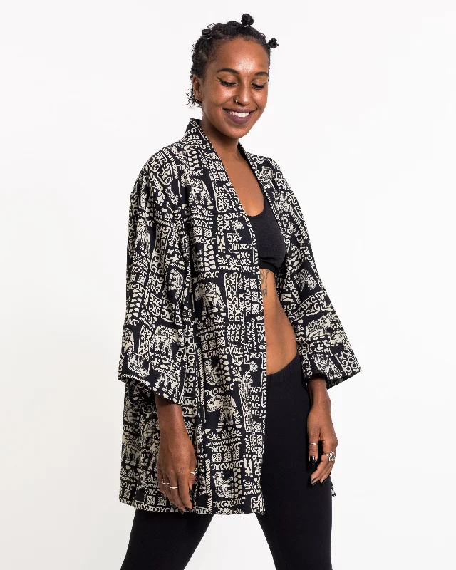 Elephant Print Cotton Kimono Cardigan in Black Houndstooth Herringbone Solid