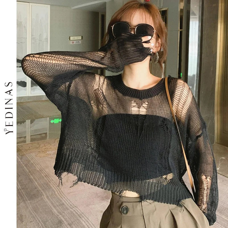 Yedinas Black Gothic Thin Women Pullover Loose Sweater 2021 Lady Hollow Out Hole Broken Streetwear Stretch Split Knit Short Top Angora Wool Cozy