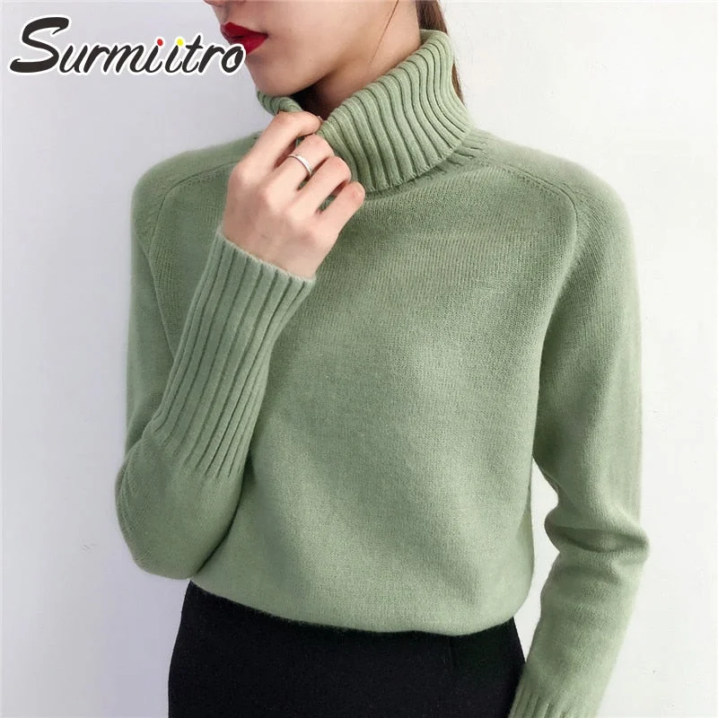 SURMIITRO Cashmere Knitted Sweater Women 2021 Autumn Winter Korean Turtleneck Long Sleeve Pullover Female Jumper Green Knitwear Cashmere Luxurious Pullover