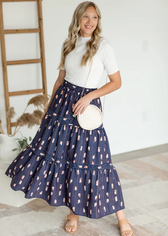 Navy Striped Tiered Midi Skirt maxi skirt elegant