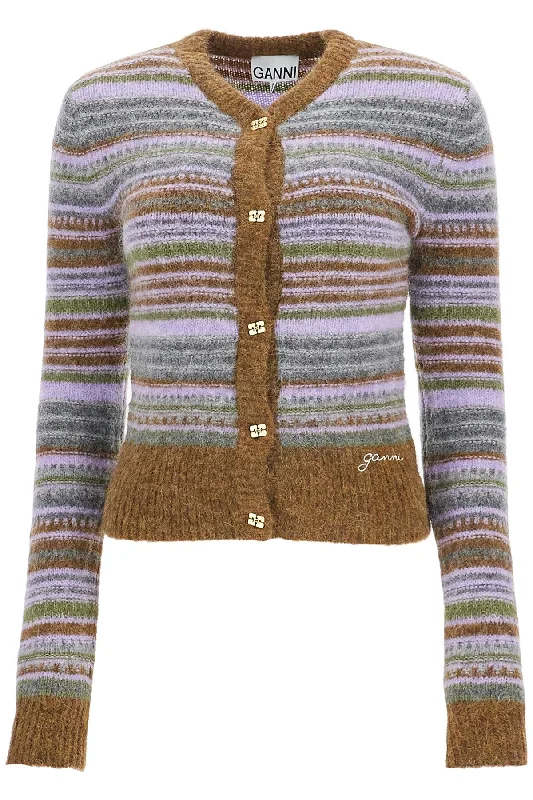 Soft Striped Cardigan With Fluffy  - Multicolor Herringbone Houndstooth Plaid