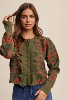 Flower Print Button Front Cardigan Mesh Cardigan Canvas Denim