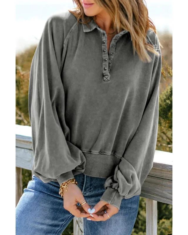 Azura Exchange Washed Snap Buttons Lantern Sleeve Pullover Sweatshirt - 2XL Thin Wool Pullover