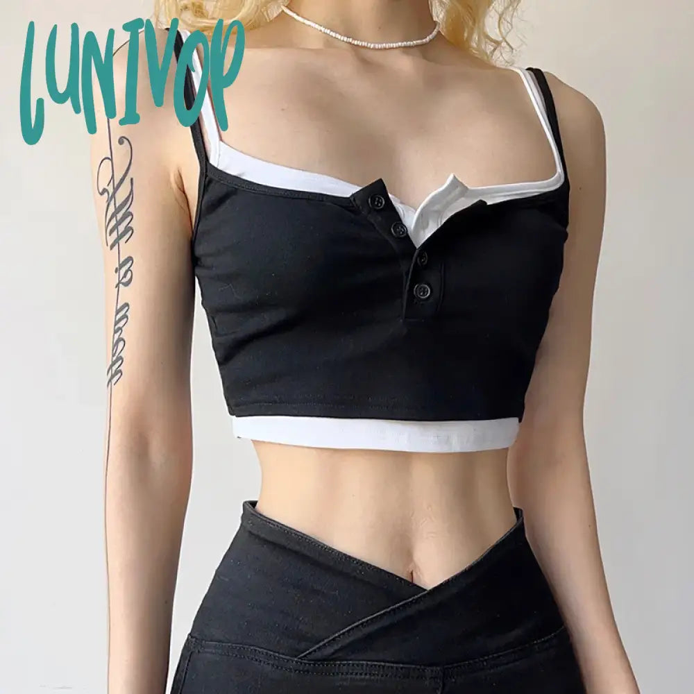 Lunivop Woman Knit Camisole Square Neck Tank Fake Two Pieces Top Crop Cozy Tops Elegant Halter Top Design Bustier Corset Top Gyaru peach tank top