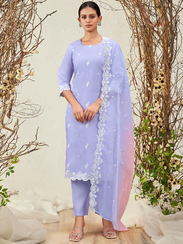 Women Lavender Straight Embroidered Kurta Trousers With Dupatta Set Trousers High Rise Slim Fit