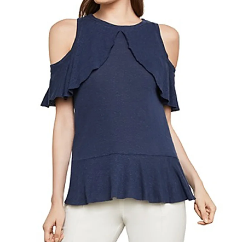 Women's Ruffled Cold Shoulder Pullover Top,Navy One Shoulder Top