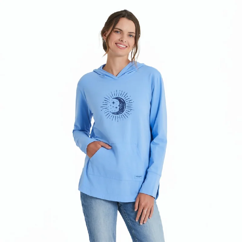 Life Is Good : Women's  Woodcut Moon Stars Crusher-FLEX Hoodie Tunic in Cornflower Blue Hoodie with Pocket Utility Practical