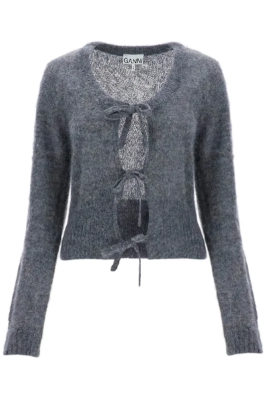 Mohair Cardigan With Bow Accents  - Grey Ribbed Striped Patterned