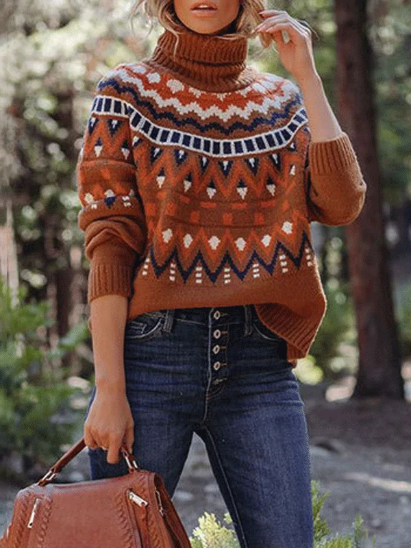 Turtleneck Color Block Knitted Pullover Sweater Turtleneck Warm Pullover