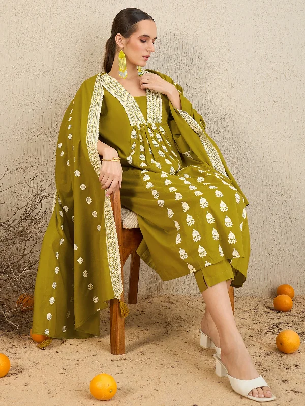 Women Green Embroidered A-Line Kurta Trousers With Dupatta Set Trousers practical easy-care