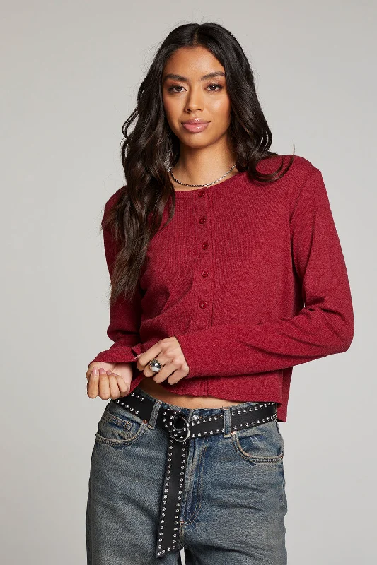 Brady Blood Red Button Up Pullover Port Neck Pullover