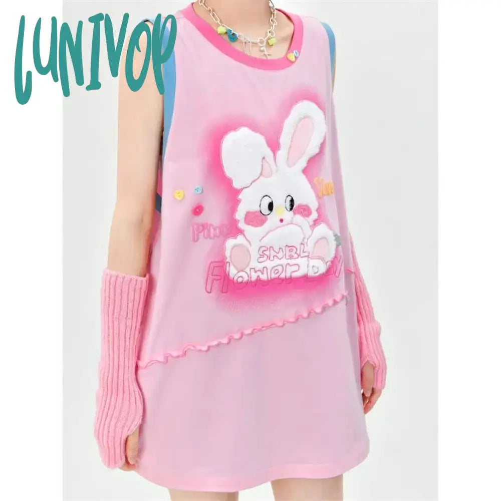 Lunivop  Summer Contrast Color Rabbit Print Tank Top Women Sleeveless Tanks Chic Fashion All Match O Neck Loose Tops Mujer halter tank top