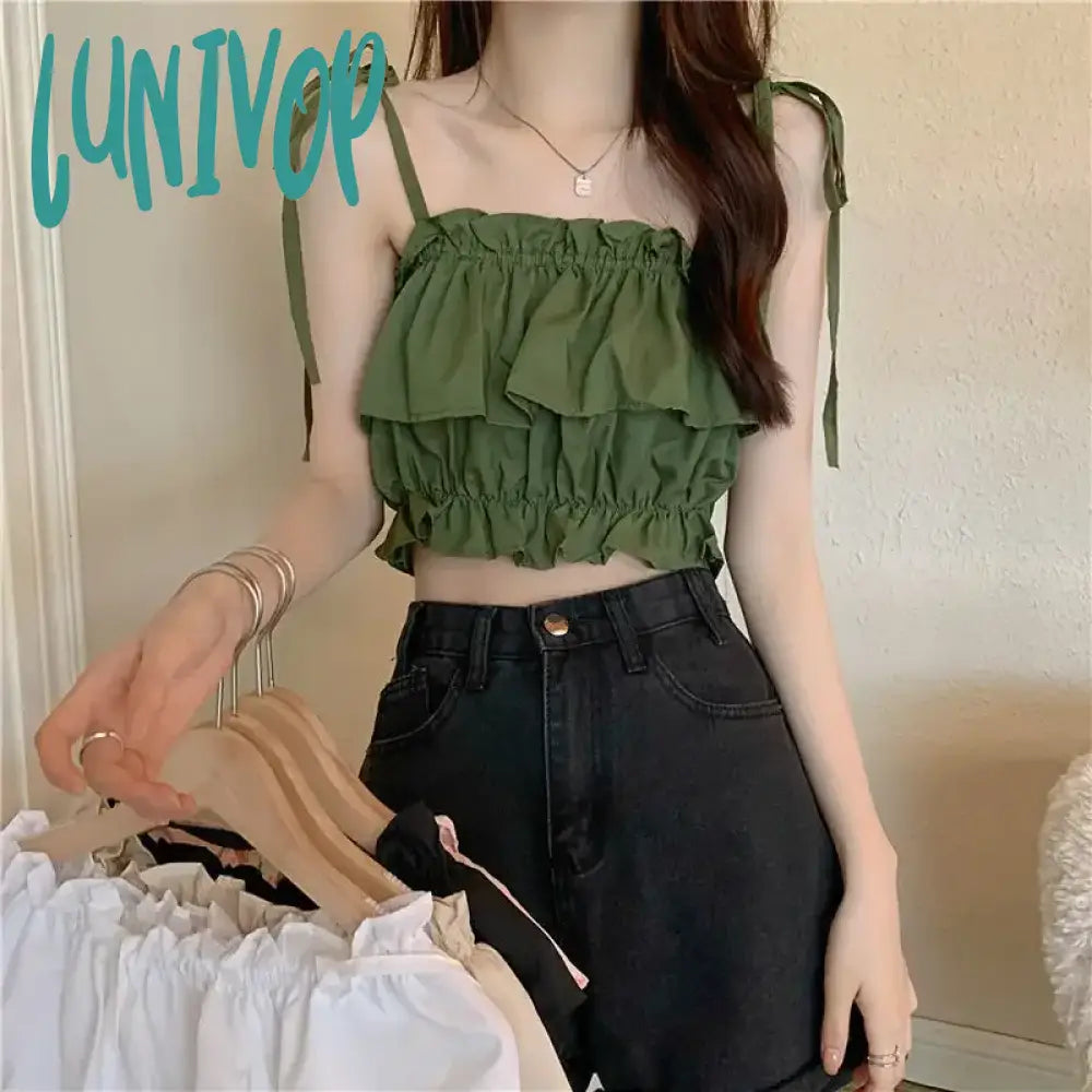 Lunivop Women's New Summer Tank Top with Ruffle Edge Strap Top High Waist Sleeveless Bra and Open Umbilical Top peekaboo tank top