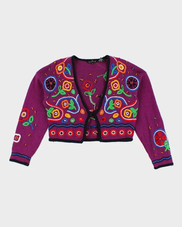 Vintage 90s Rafia Cropped Textured Embroidered Patterned Floral Cardigan - M Velvet Chenille Corduroy