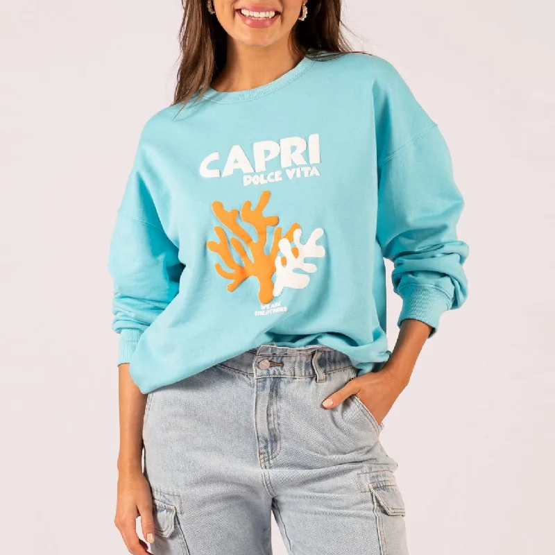 Capri Dolce Vita Sweatshirt - Cyan Hoodie with V-Neck Classic Versatile