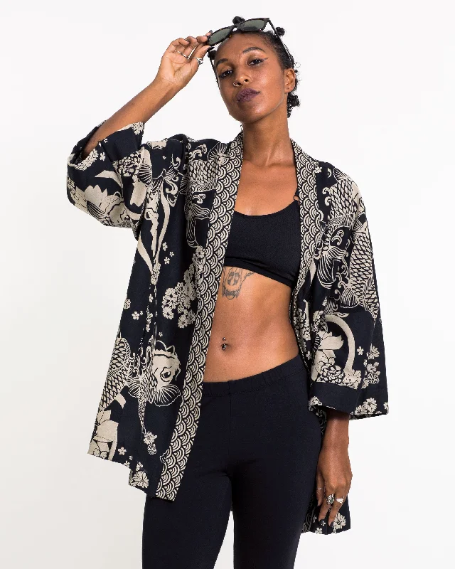 Koi Fish Print Cotton Kimono Cardigan in Black Lace Blend Ribbed Blend Corduroy Blend