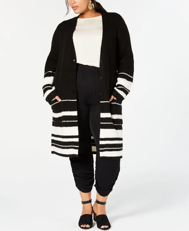 Plus Size Half-Striped Long Cardigan Sweater Glossy Satin Silk