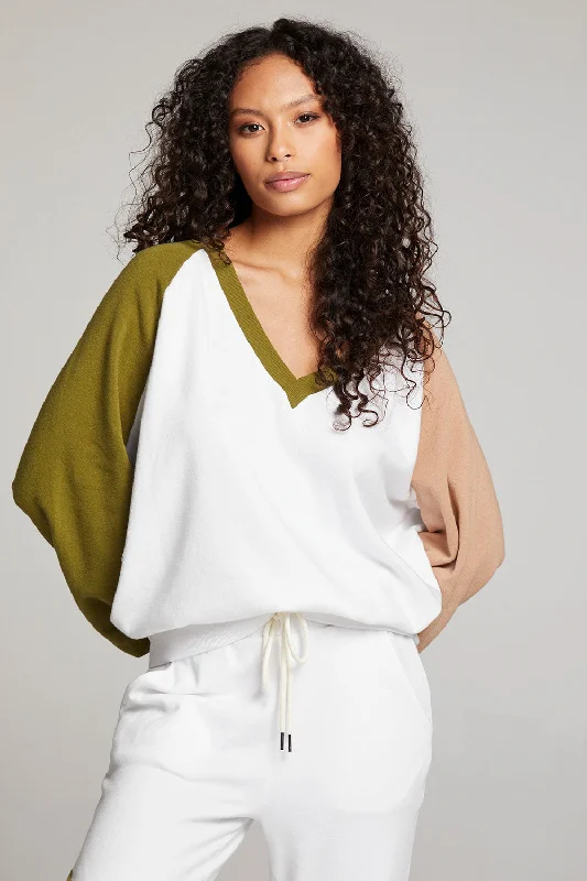 Hannah Sand Color Block V Neck Pullover Peter Pan Collar