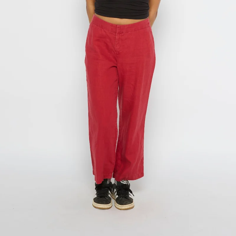 Red Wide Leg 3/4 Length Linen Trousers - UK 8 Trousers Timeless Classic