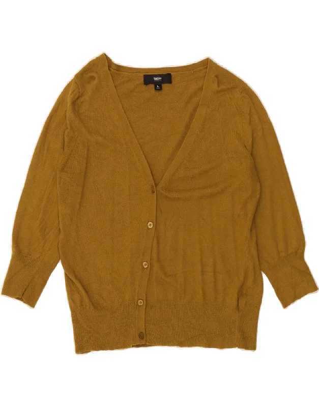 MOSSIMO Womens 3/4 Sleeve Cardigan Sweater UK 16 Large Yellow Nylon Mesh Blend Leather Blend Suede Blend