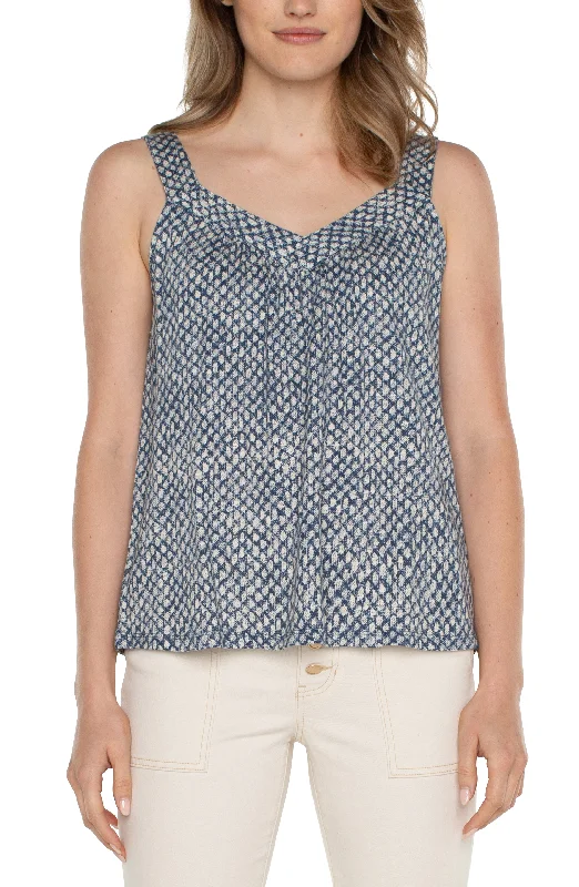 Liverpool Sleeveless V-Neck Easy Fit Tank with Smocking (Navy Text Dots) ribbed tank top