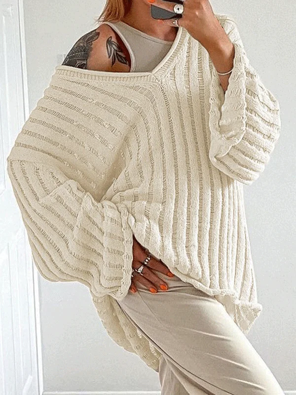 V Neck Loose Pullover Sweater High Neck Pullover