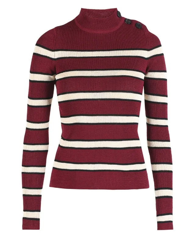 Striped Mock Neck Pullover Sweater Ribbed Crew Neck