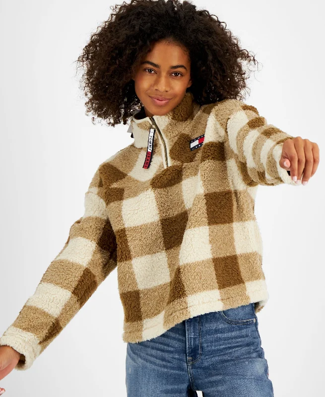 Women's 1/4 Zip Buffalo Plaid Sherpa Pullover Fleece Warm Pullover