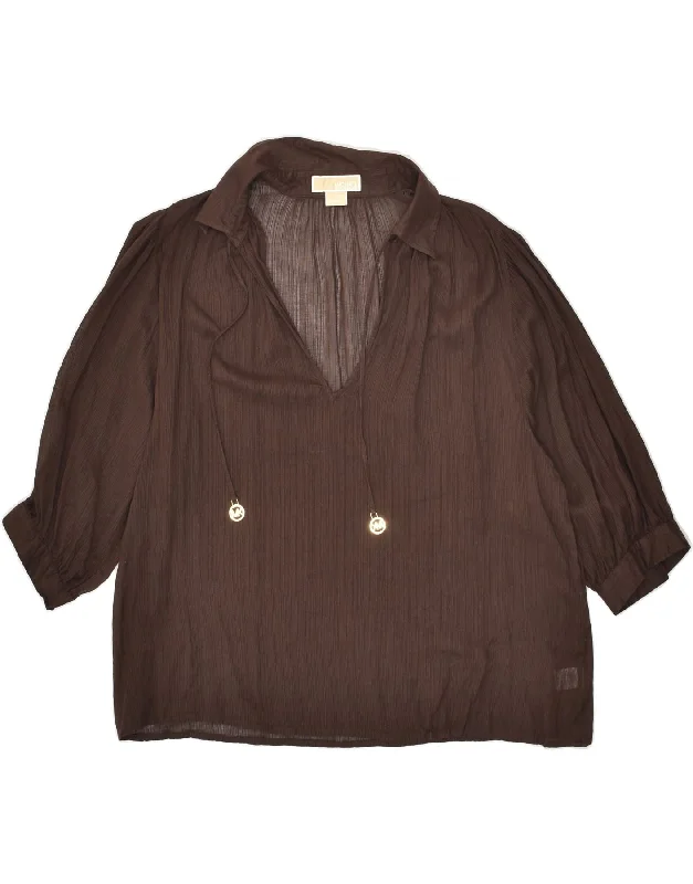 MICHAEL KORS Womens Loose Fit 3/4 Sleeve Pullover Shirt UK 16 Large Brown Puff Sleeve Stylish