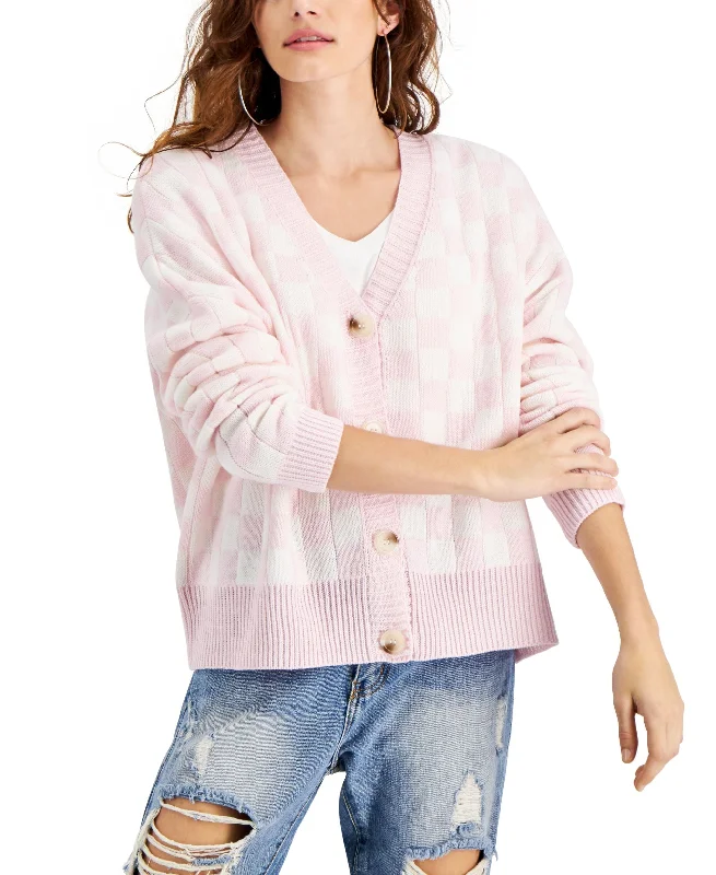 Juniors' Checkered-Print Cardigan Sweater Terry Terry Cloth Terry Knit