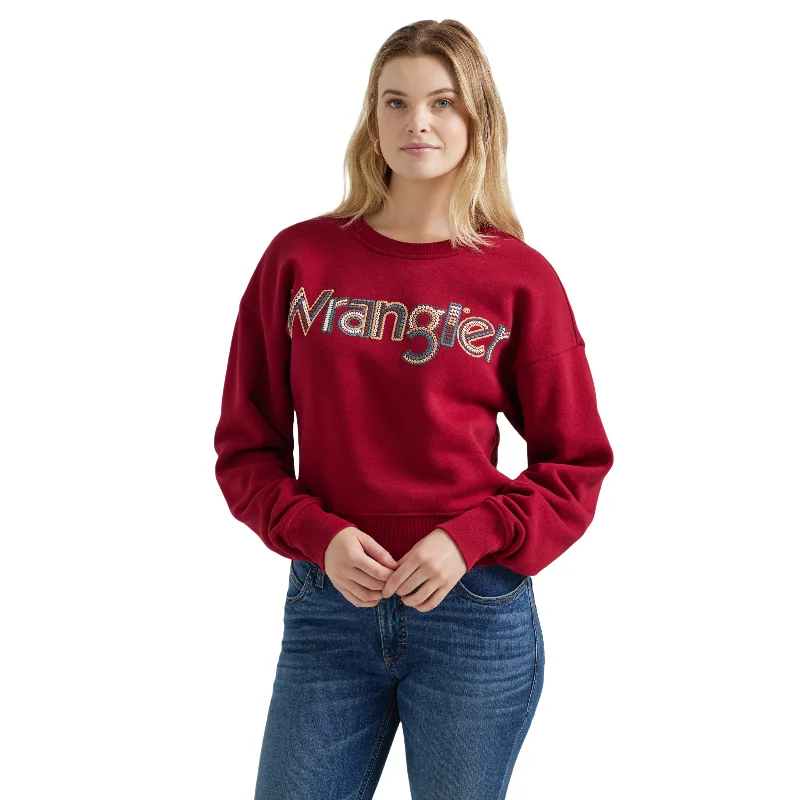 Wrangler Ladies Retro® Americana Crochet Print Logo Red Pullover Sweatshirt 112356690 Notched Neck Pullover