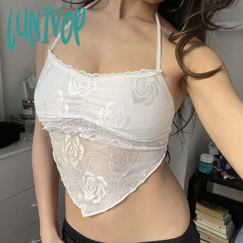 Lunivop Y2K Sexy Lace Trim Halter Tops See Through Slim Slash Neck Sleeveless Tank Tops Women 2024 Summer Fashion Streetwear Ladies high neck tank