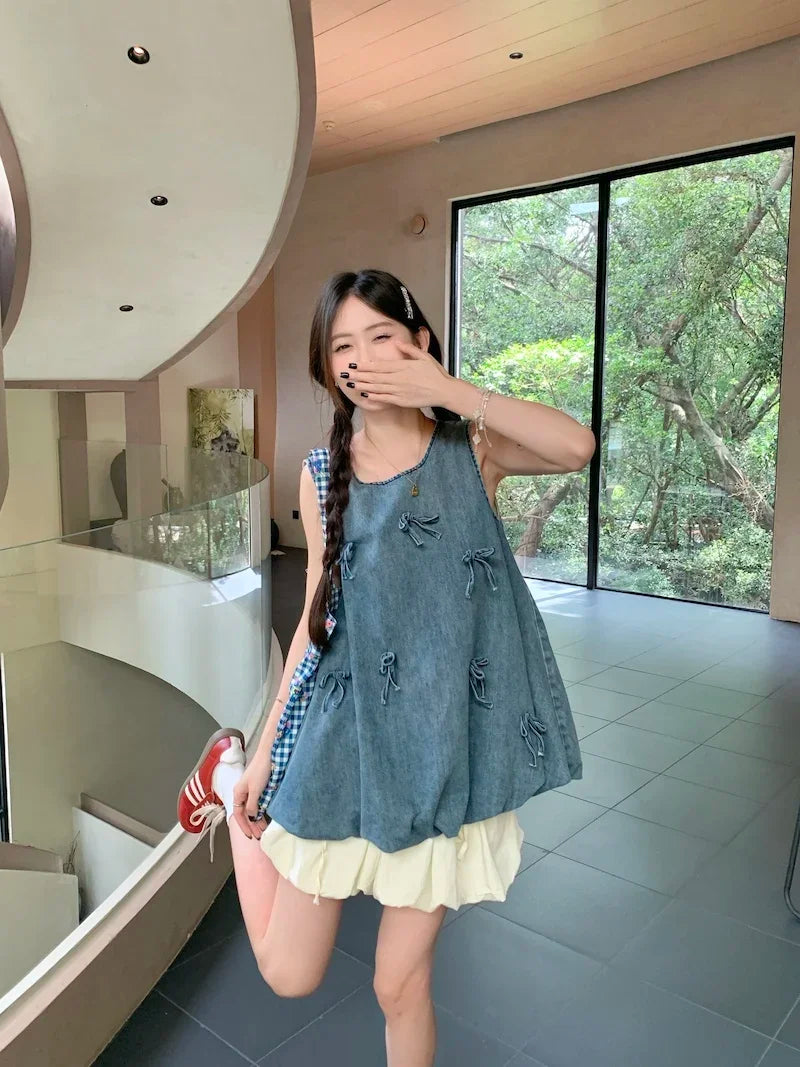 Lunivop Summer New O-neck Backless Bow Splicing Distressed Casual Denim Tank Tops Women + Pleated A-line Skirt Two-piece Suit summer tank top