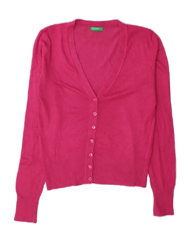 BENETTON Womens Cardigan Sweater UK 10 Small Pink Acrylic Elasticated Padded Insulated