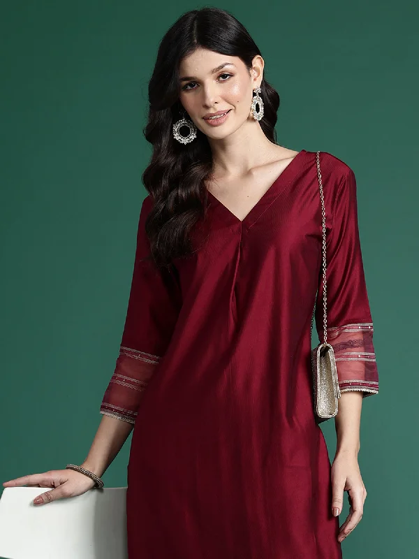Women Burgundy Self Design Straight Kurta Trousers  Set Trousers New Arrival